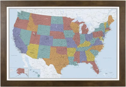 Vista 23 de Push Pin Travel Maps Lienzo personalizado Blue Oceans USA con marco gris de madera de granero