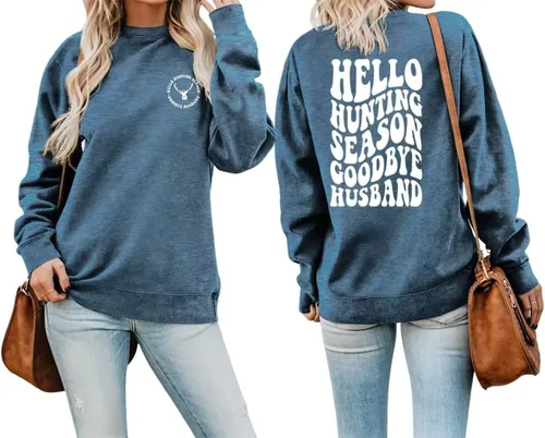Vista 17 de DUDIHOHX Hello Hunting Season Goodbye Husband - Sudadera de manga larga con estampado de moda, casual, cuello redondo