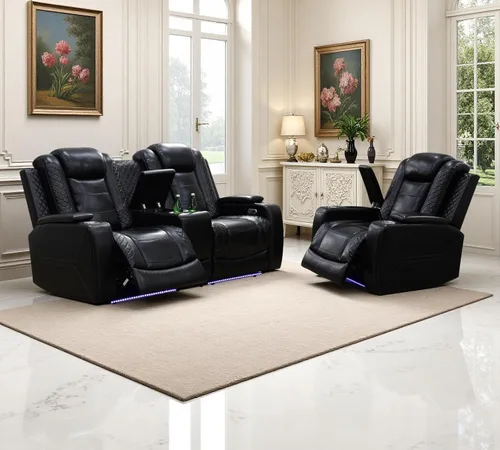 Vista 60 de Juego de sofás reclinables eléctricos, juegos de muebles de sala de estar, sofá reclinable eléctrico moderno negro, sofá biplaza y silla