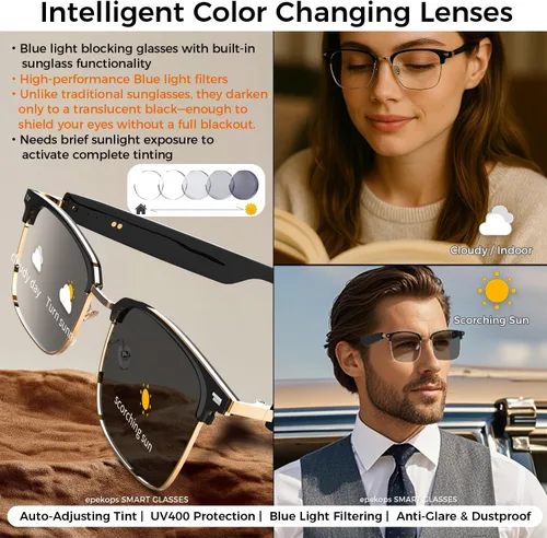 Vista 3 de Lentes inteligentes AI de audio Bluetooth con lentes fotocromáticos, traducción, música, llamadas, asistente de voz, altavoces estéreo de oreja
