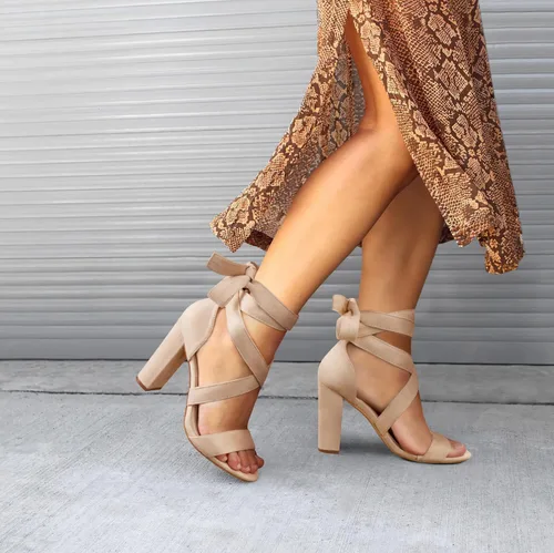 Vista 3 de Tacones de tiras para mujer Tacones gruesos Sandalias de tacón alto con cordones de moda Sandalias de tacón de bloque desnudo con cordones Sandalias