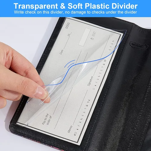 Vista 3 de Funda de chequera para chequera personal, funda de registro RFID con soporte para bolígrafo y divisor de plástico transparente integrado