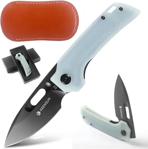 Vista 8 de KEENSUN Cuchillo plegable de bolsillo con mango G10 negro y hoja D2: cuchillo táctico, cuchillo de caza, cuchillo EDC. Cuchillos de apertura