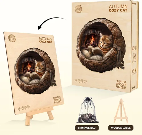 Vista 4 de Rompecabezas de madera para adultos, rompecabezas de madera de gato acogedor de otoño, rompecabezas planos con efecto visual 3D, rompecabezas únicos