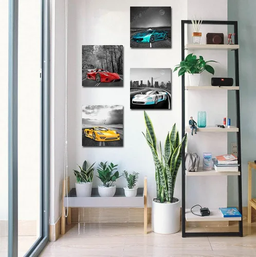 Vista 2 de Rtriel Imágenes de automóvil en blanco y negro, impresiones en lienzo de autos de carreras para hombres, adolescentes y niños, decoración de pared