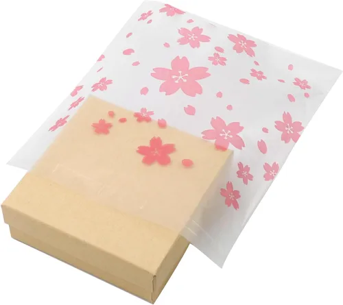 Vista 3 de Bitray 200 bolsas de dulces autosellantes de 5.5 x 5.5 pulgadas, patrón Sakura, autoadhesivas, bolsas de galletas rosas para regalo, bolsas