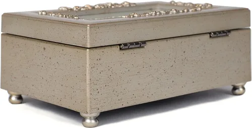 Vista 3 de Cottage Garden Caja de música pequeña con rosetón en relieve en tono plateado champán y texto en relieve de la abuela querida reproduce el mundo
