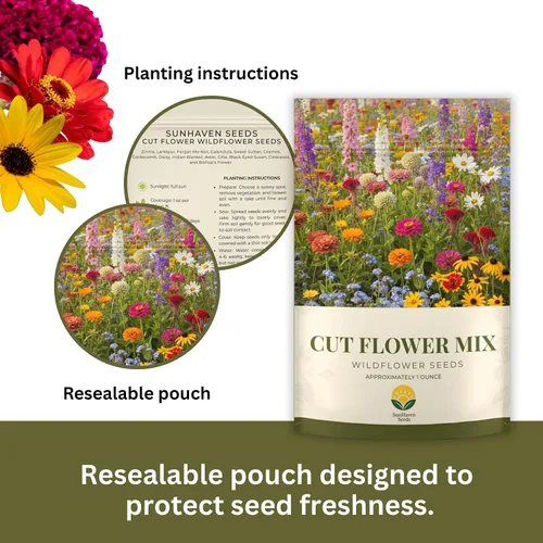 Vista 2 de Cut Flower Garden Seed Mix – Más de 15,000 semillas – Paquete extra grande de 1 onza – Semillas de flores sin OMG – Zinnia, Cosmos, Larkspur