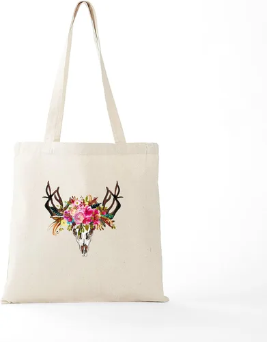 Vista 5 de CafePress Bolsa de lona natural con diseño de calavera de cuernos bohemios, bolsa de compras reutilizable