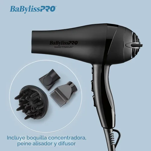 Vista 6 de BaBylissPRO Nano Titanium 2000-Watt Blow Dryer with Concentrator Nozzle, Professional Grade Ionic Corded Styling Tool for Hair