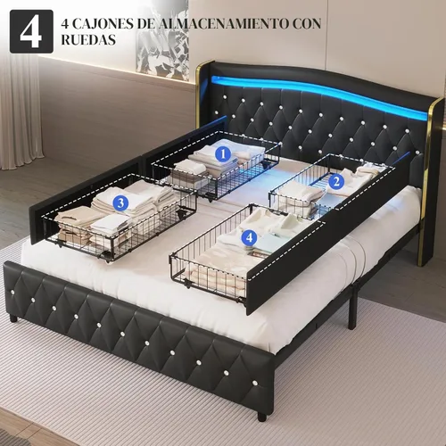 Vista 8 de Marco de cama de tamaño matrimonial, cabecero, 4 cajones de almacenamiento, luces LED, color negro