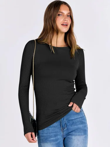 Vista 4 de ANRABESS - Camisetas de manga larga para mujer, de punto acanalado, ajustadas, básicas, 2025, informales, para usar a capas o debajo del uniforme