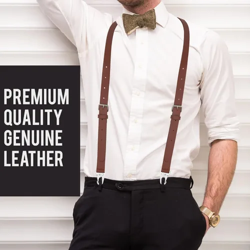 Vista 4 de Liguero de cuero genuino para hombre Tirantes de cuero con diseño en Y Regalos de padrinos de boda Liguero ajustable con ganchos Tirantes
