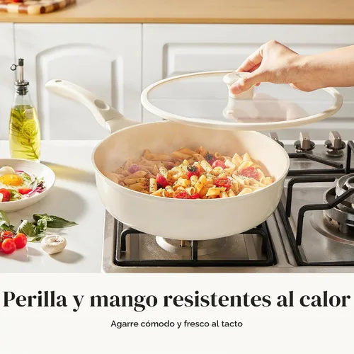 Vista 4 de Redchef Sartén antiadherente para freír con tapa, sartén para saltear de cerámica, libre de PFOA y PFOS, compatible con inducción, mango con ayuda