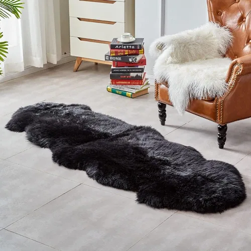 Vista 52 de HUAHOO Alfombra de piel de oveja genuina prémium Negra Real de Australia Piel de oveja natural de lujo, alfombra esponjosa de lana de cordero