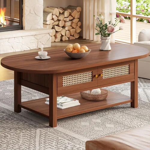 Vista 10 de LVB - Mesa de café de ratán, mesa de sala de estilo boho con almacenamiento, mesa de té de cóctel moderna ovalada de 2 niveles con puertas y estante