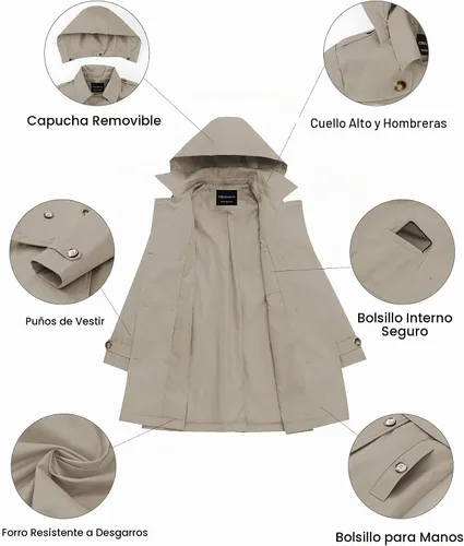 Vista 5 de CREATMO US Gabardina para mujer con doble botonadura clásica con solapa, con cinturón y capucha desmontable Albaricoque