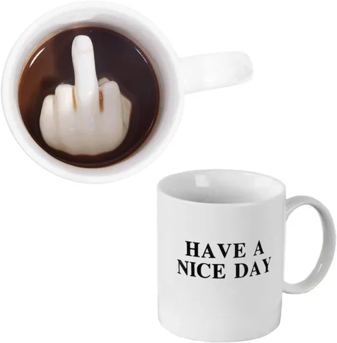 Vista 9 de Up Yours - Taza de café de cerámica 3D con dedo medio, divertida taza con texto en inglés "Have a Nice Day", perfecta para el día de San Valentín