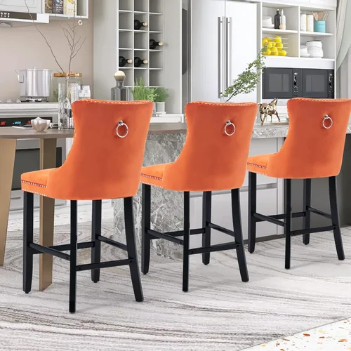 Vista 35 de SoarFlash Juego de 2 taburetes de bar tapizados de terciopelo moderno con patas de madera, botones acolchados, cabeza de clavo cromada, asiento