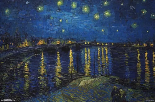 Vista 16 de Trends International Póster de pared de Vincent van Gogh, noche estrellada sobre el Ródano, 14.725 x 22.375 pulgadas, versión enmarcada de madera