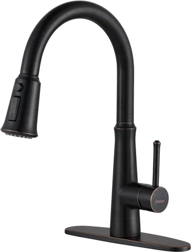 Vista 9 de WOWOW Grifos de cocina negro mate con rociador extraíble, grifo de fregadero de cocina de acero inoxidable para fregaderos de 1 o 3 agujeros, grifo