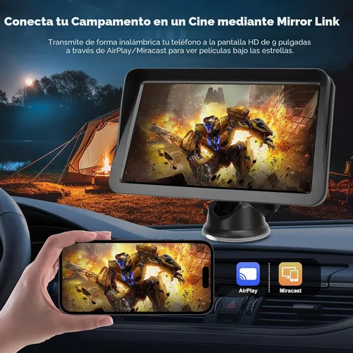 Vista 4 de Pantalla inalámbrica CarPlay de 9" para coche, receptor Apple CarPlay y Android Auto con cámara de respaldo 1080P, pantalla táctil HD, Bluetooth