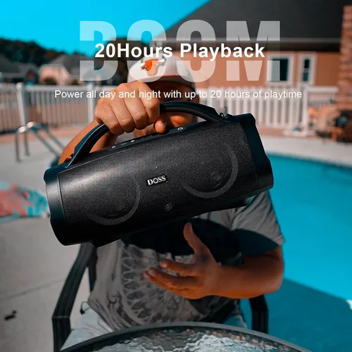 Vista 6 de DOSS Extreme Boom+ Altavoz Bluetooth para exteriores con sonido estéreo de 100 W, graves extra, 20 horas de reproducción, luces LED Party-Sync