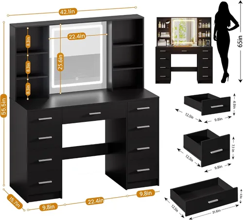 Vista 7 de Escritorio negro con espejo y luces, tocador de maquillaje con 9 cajones, 6 estantes y toma de corriente, espejo de pantalla táctil, tocador