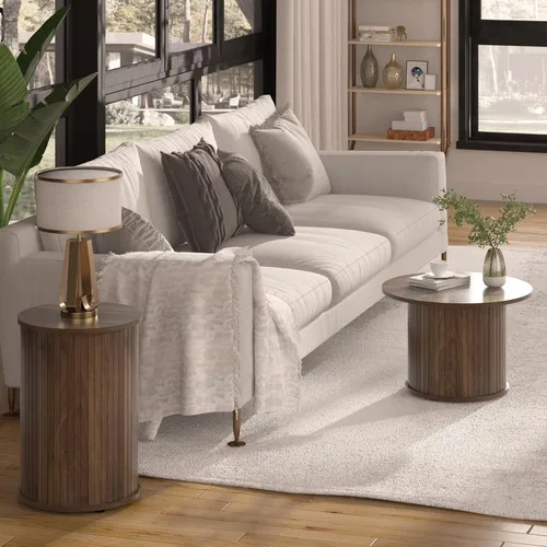 Vista 5 de Juego de 2 mesas auxiliares redondas anidables para sala de estar, círculo acanalado de madera de nogal y juegos de mesa auxiliar para apartamentos