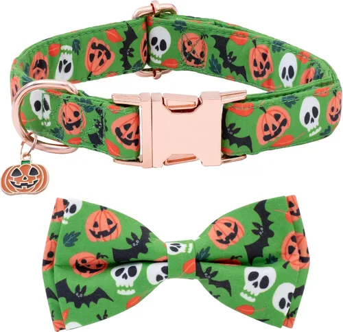 Vista 7 de Collar de perro con moño de Halloween de Faygarsle para otoño, collar elegante y bonito para perros pequeños, medianos y grandes, collar de algodón