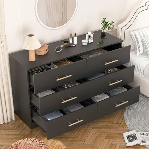 Vista 4 de Spaco Cómoda negra de 6 cajones con mango dorado, cómoda moderna de 6 cajones profundos para dormitorio, cómoda de almacenamiento para armario, sala