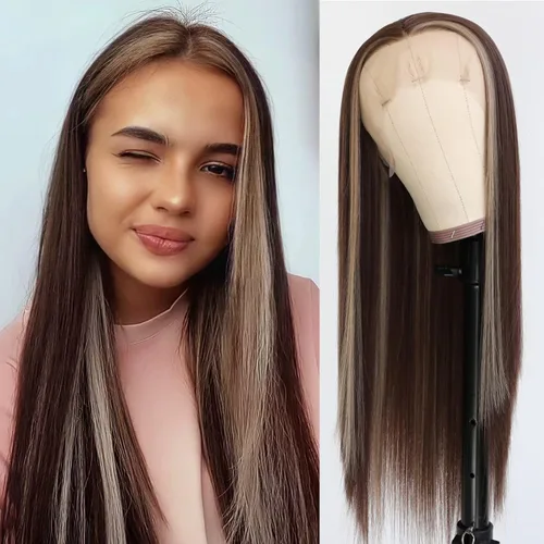 Vista 11 de Lovestory Peluca de encaje frontal larga y recta color blanco platino, predepilada, rubio platino, pelucas de encaje frontal sintético para mujeres