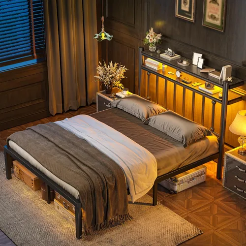 Vista 14 de Homkdom Base de cama de metal de tamaño individual con luces LED inteligentes y cabecera de almacenamiento de 2 niveles, base de colchón resistente