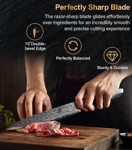 Vista 3 de XINZUO Cuchillo de cocina de 5 piezas, juego de cuchillos de chef profesional de acero de Damasco súper afilado con mango de madera de Pakkawood