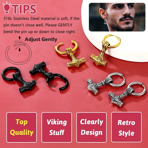 Vista 6 de FaithHeart Viking Thors - Aretes de cabeza de martillohachalanza para mujeres y hombres acero inoxidable chapados en oro de 18 quilates joyería