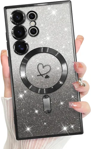 Vista 212 de Bonoma - Funda compatible con Samsung Galaxy S21 Plus, diseño de corazón con purpurina, color rosa Support for MagSafe, Plating Magnetic Case TPU