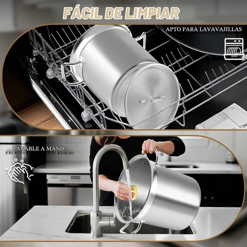 Vista 6 de Olla de acero inoxidable de 20 cuartos de galón con tapa, olla grande – Ollas de grado comercial de tres capas resistentes para hervir sopa
