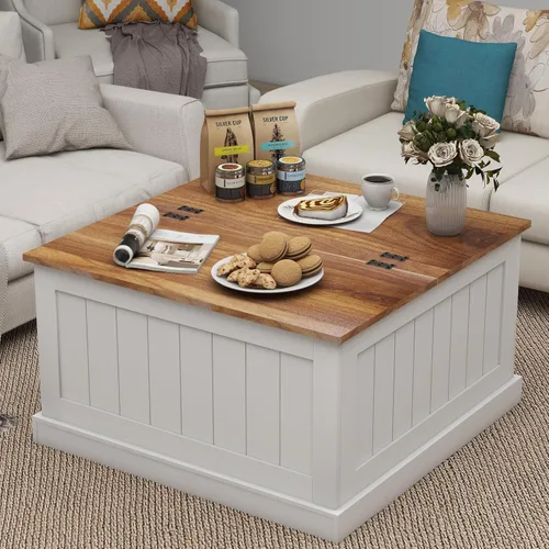 Vista 7 de Locsear Mesa de centro de granja, mesa central cuadrada de madera con gran compartimento de almacenamiento oculto para sala de estar, mesa de cóctel