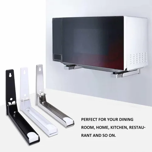 Vista 8 de Soporte de montaje para microondas, soporte plegable retráctil para horno de microondas montado en la pared, soporte para accesorios de cocina