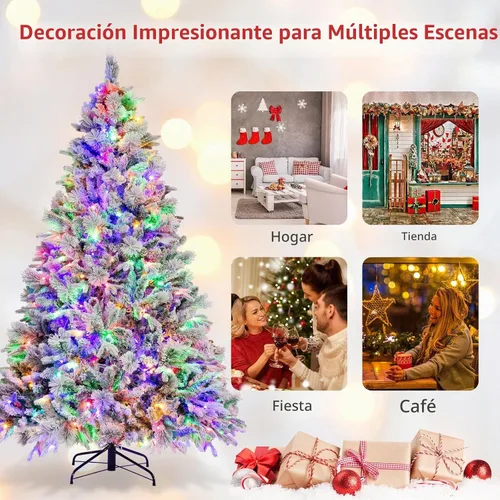 Vista 7 de HAPPYGRILL - Árbol de Navidad artificial preiluminado de 2.1 m, árbol de Navidad con nieve flocada y 320 luces LED multicolor, 8 modos de Snow Pe