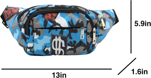Vista 5 de AIBEARTY Riñonera para niños, pequeña, de camuflaje, con correa ajustable, para correr, acampar, viajes, B Azul