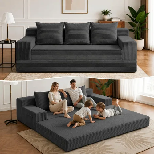 Vista 14 de Sofá cama convertible 2 en 1 sin hueso, sofá cama futón de pana, sofá plegable de compresión, sofá cama con 3 almohadas para dormitorio, sala