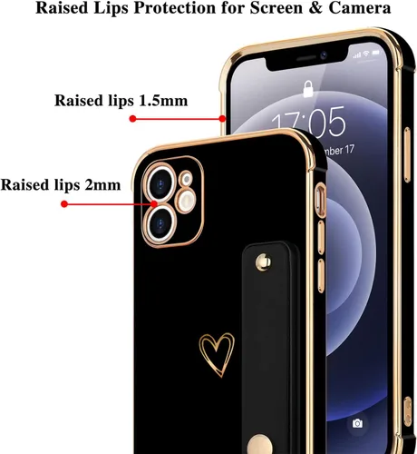 Vista 5 de LLZ.COQUE Funda compatible con iPhone 12 para mujeres y niñas, parachoques chapado de lujo con bonito diseño de corazón de amor, soporte de correa
