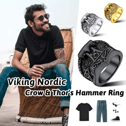 Vista 4 de FaithHeart Norse Viking Jewelry - Anillo de acero inoxidable de guerrero para hombre con diseño vikingo de cabeza de lobomartillo de Thor