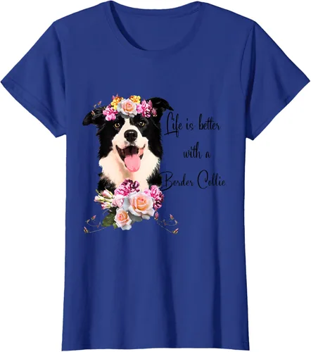 Vista 58 de Life is Better With a Border Collie - Camiseta de perro lindo con flores, gris, S Gris Oscuro