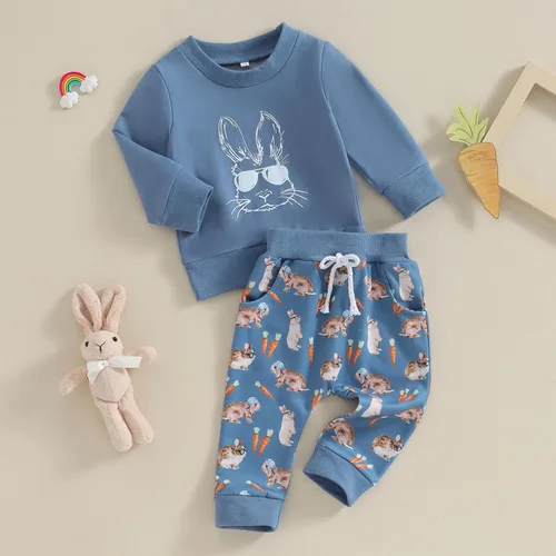 Vista 3 de Conjunto para Bebé Niña Niño del Día de San Patricio con Trébol, Sudadera de Manga Larga, Pantalones con Encanto, Conjunto Infantil Azul (Rabbit)