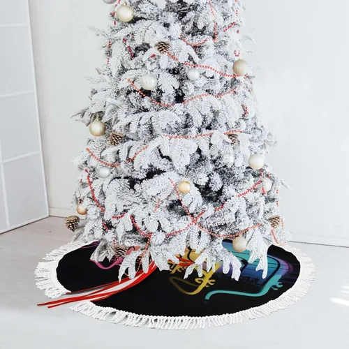 Vista 5 de Rainbow Musical Note Melody Christmas Tree Skirt Double Sided Waterproof Winter Xmas Tree Mat Decor Retro Xmas Tree Skirt with Tassels for New Year