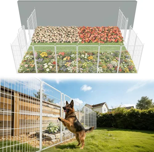 Vista 17 de FXW Valla de jardín al aire libre para el patio, 17 pulgadas de alto x 29.3 pies de largo, barrera de metal resistente para animales, para perros