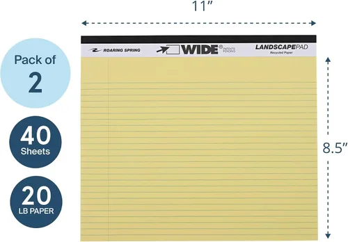 Vista 3 de ROARING SPRING Wide Landscape Legal Pad, amarillo canario, 2 blocs, 11 x 9.5 pulgadas, a rayas universitarias con margen, papel reciclado de 20