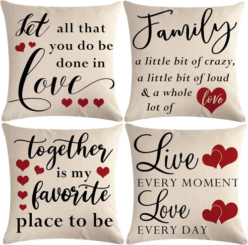 Vista 10 de Paquete de 4 fundas de almohada con citas familiares, rústicas para el hogar, palabras de amor, corazón, país, fundas de cojín con citas Negro